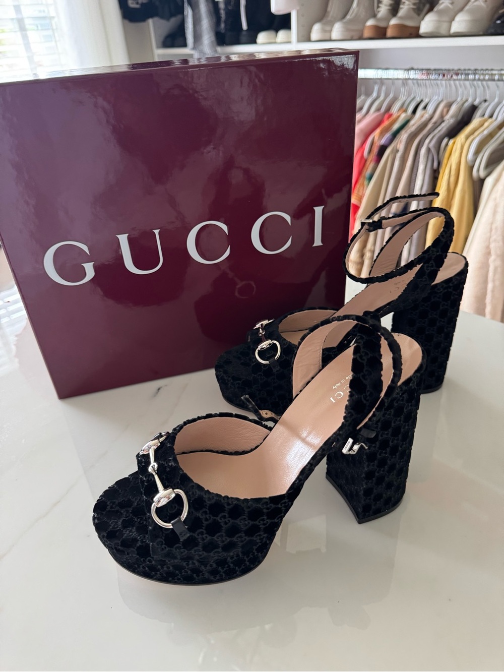 Gucci Black Velvet Horsebit Ankle-Strap Heels - Picture 2 of 5